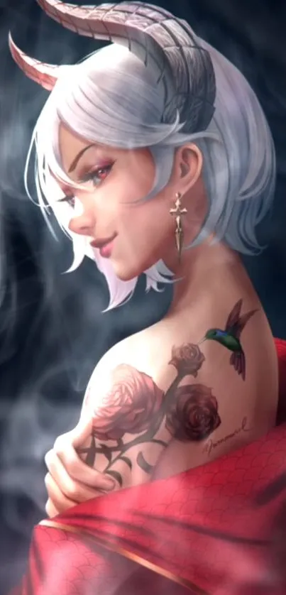 Mystical woman with horns and roses on shoulder in smoke.