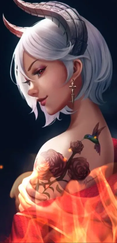 artistic wallpaper of a horned woman with white hair and flames