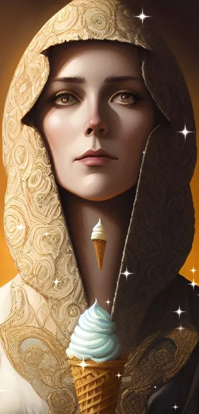Mystical woman holding ice cream in golden light.