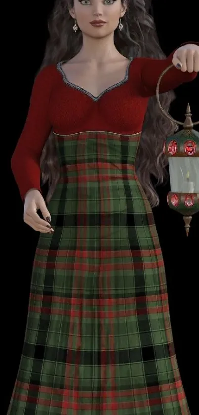 Mystical woman holding lantern with plaid dress on black background.