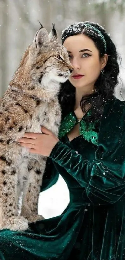 Woman in green velvet dress with lynx in snowy forest.