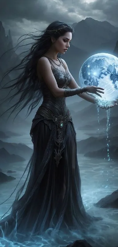 Mystical woman holding glowing orb in dark landscape.