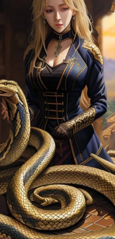 Mystical woman with a golden snake in a fantasy setting.