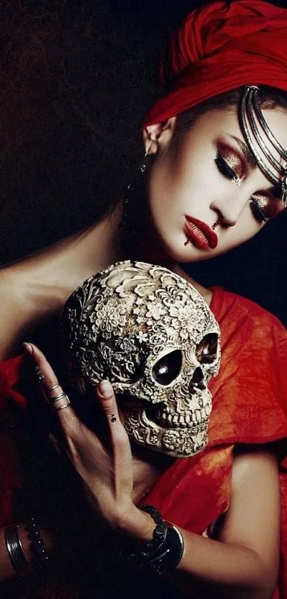 Mystical woman in red with ornate skull and jewelry.