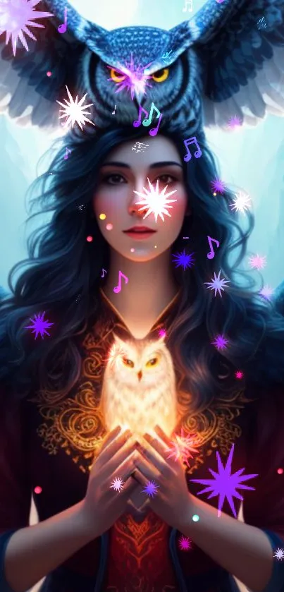 Mystical woman with glowing owls in vibrant art wallpaper.