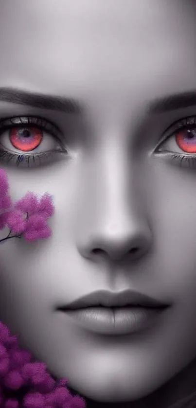 Mystical woman with pink eyes and purple flowers wallpaper.