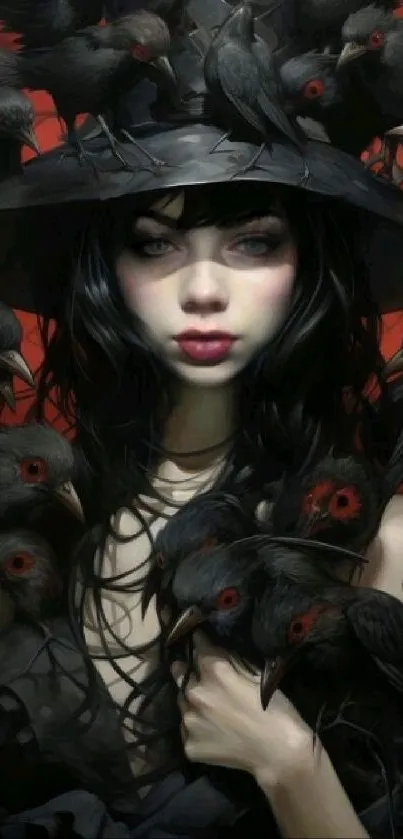 Mysterious woman surrounded by ravens on a dark, artistic wallpaper.