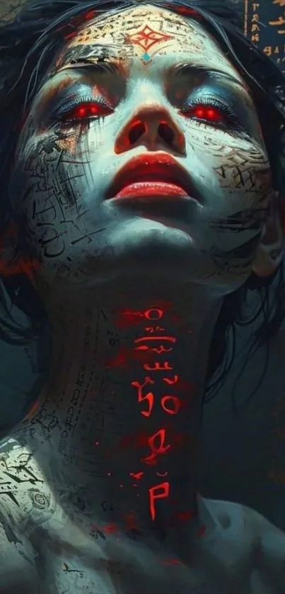 Mystical woman with red glowing eyes and intricate symbols in fantasy art.