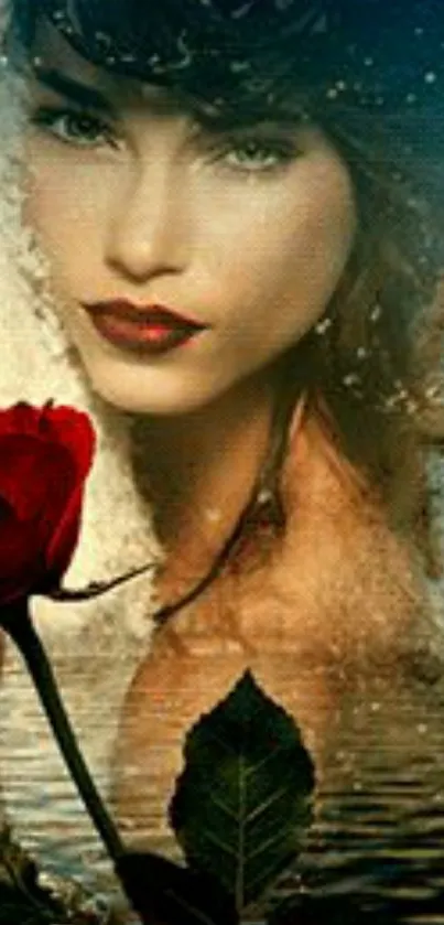 Mystical woman with rose and water reflection on a mobile wallpaper.