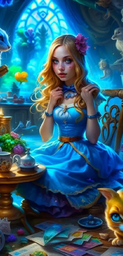 Fantasy wonderland wallpaper with girl at a tea party and whimsical animals.
