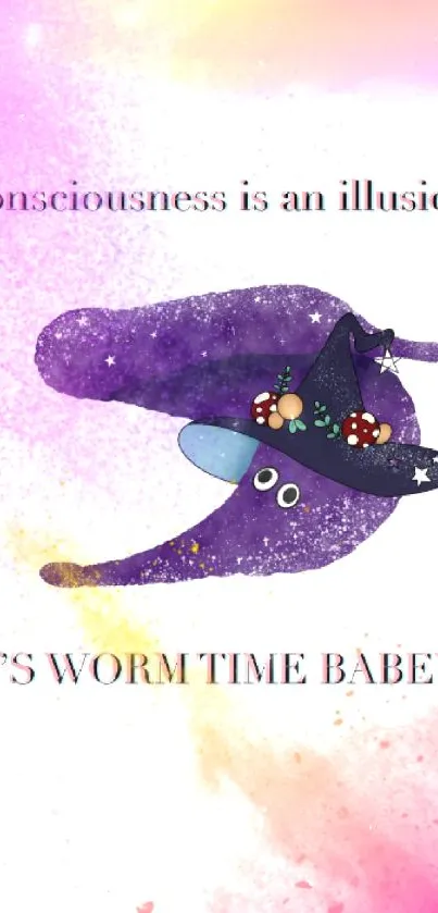 Digital art of a mystical worm with purple hues and a witch hat.