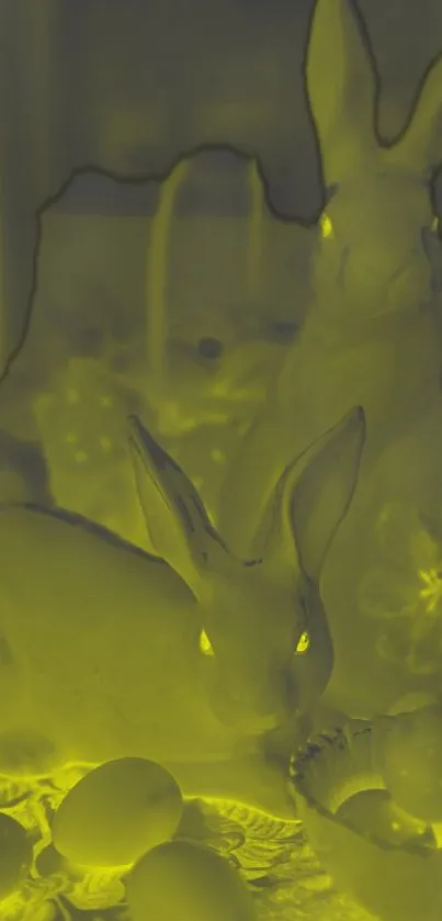 Yellow-tinted wallpaper featuring mystical rabbits and glowing elements.