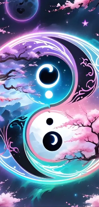 Mystical Yin Yang wallpaper with cherry blossoms and cosmic elements in blue and pink hues.