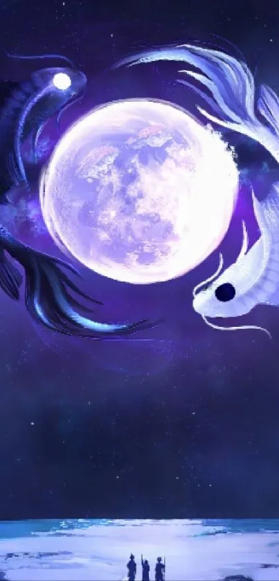 Mystical yin yang fish in an ocean scene with a celestial moon.