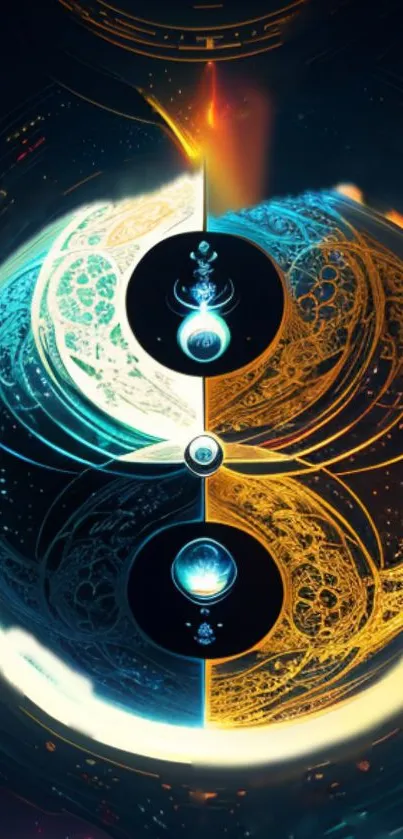 Mystical yin yang galaxy-themed phone wallpaper with cosmic elements.