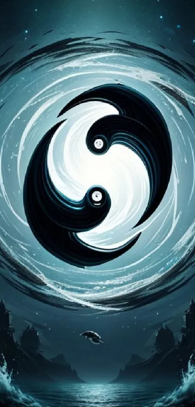 Mystical yin yang design with swirling ocean waves in contrasting dark and light colors.