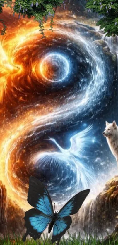 Mystical yin-yang scene with fire, ice, butterfly, and animals.