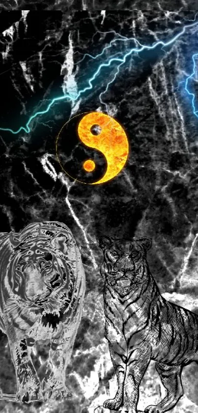 Mystical Yin Yang tiger with lightning in dark wallpaper.