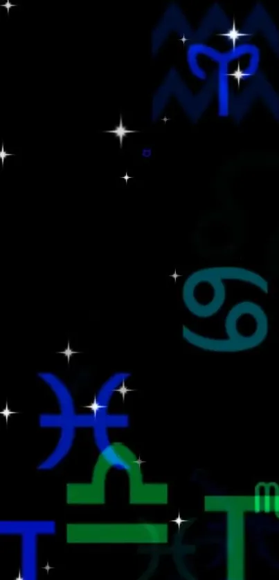 Colorful zodiac symbols on a black starry background.