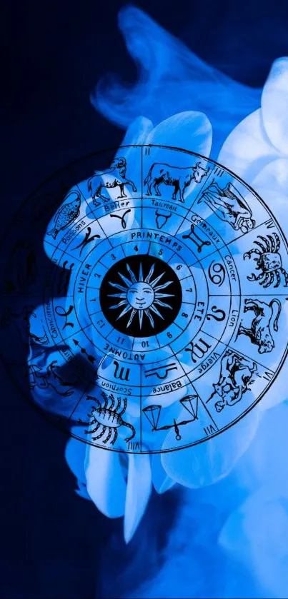 Astrology mobile wallpaper with zodiac wheel and blue background.