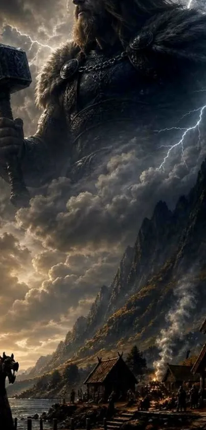 Mythic warrior holding hammer in stormy landscape with dramatic clouds and mountains.