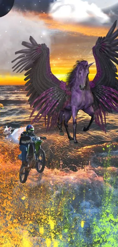 Purple pegasus with ocean waves and motorbike rider in a vibrant sunset.