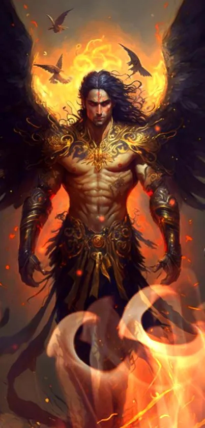 Mythical angelic warrior in vivid colors with dark wings and fire halo.