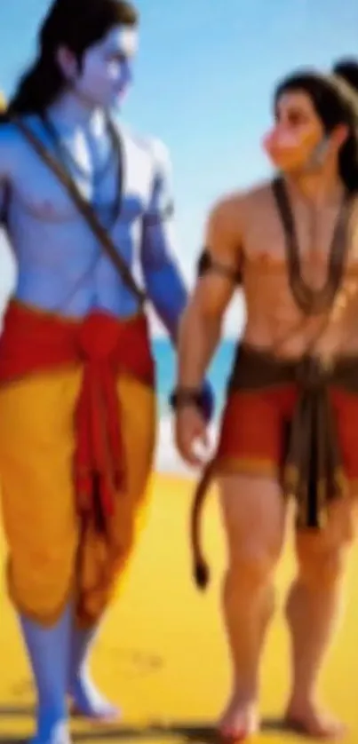 Mythical companions on the beach in vibrant art style.