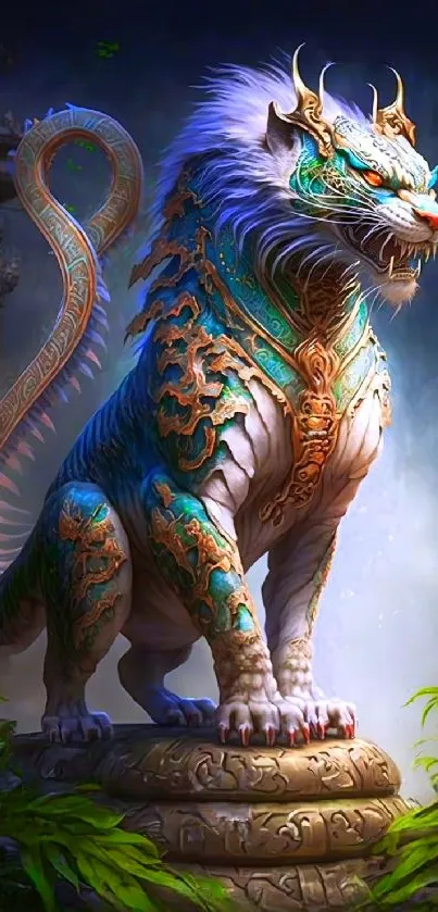 Intricate artistic depiction of a mythical beast in teal and gold amidst ancient ruins.
