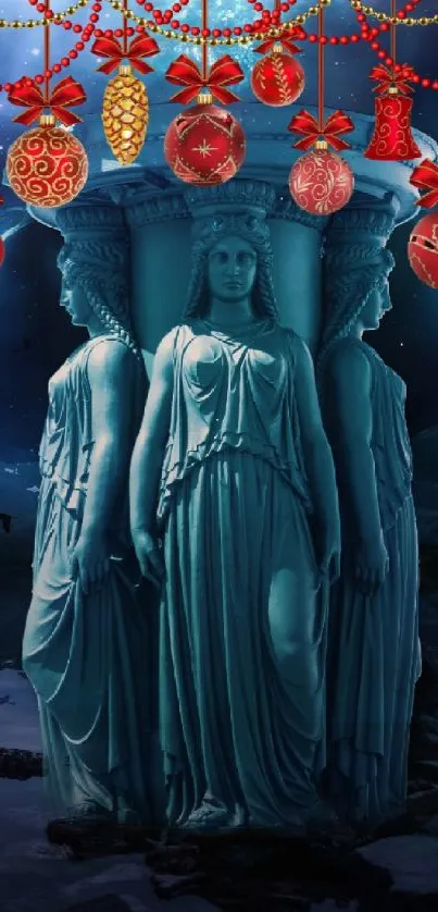 Mythical blue night scene with statues and red decorations.