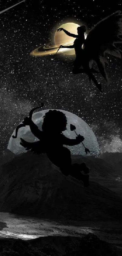 Silhouetted mythical figures in a cosmic night sky.