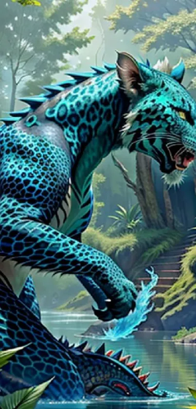 Fantasy blue creature in jungle wallpaper.