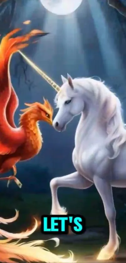 Unicorn and phoenix in a mystical forest lit by moonlight.