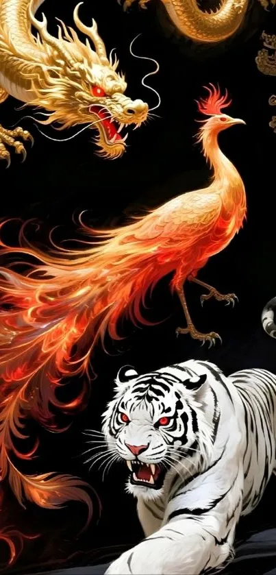 Dragon, phoenix, and tiger fantasy wallpaper.