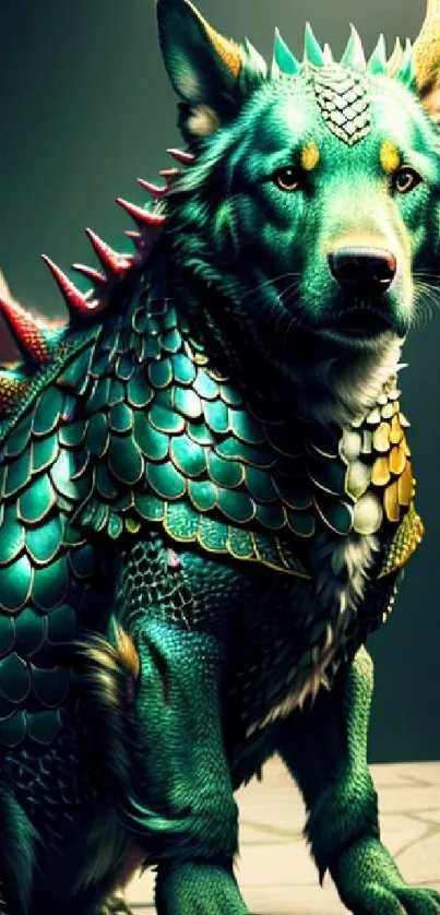 A vibrant dragon-dog hybrid with teal scales and mythical features in a fantasy setting.