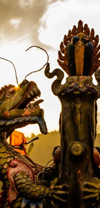 Dragon sculpture at sunset with vibrant sky.