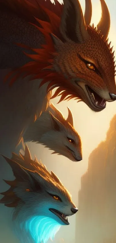 A mythical dragon trio in an enchanting fantasy setting.