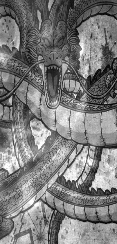 Black and white dragon art with grunge background.