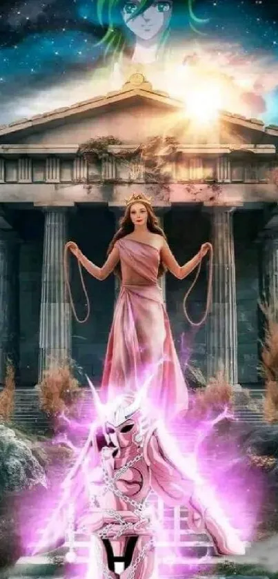 Mythical goddess in front of temple with pink aura.