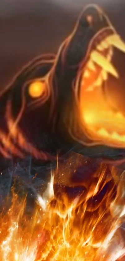 Mythical fire-breathing dragon artwork with vibrant orange flames.