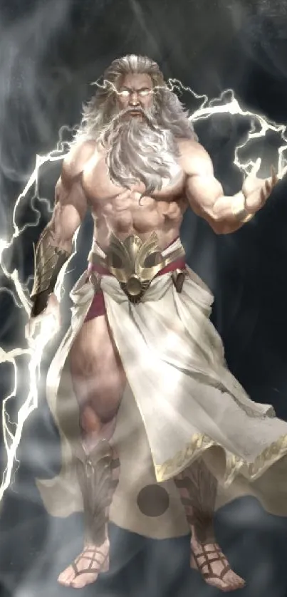 Mythical god wielding lightning on dark background.