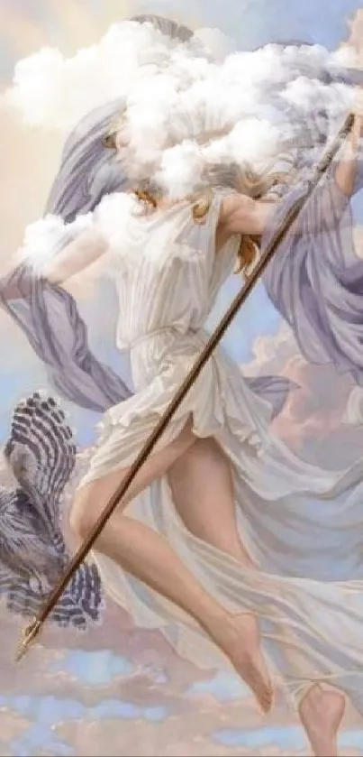 Ethereal goddess with spear and owl in pastel colors, serene mobile wallpaper.