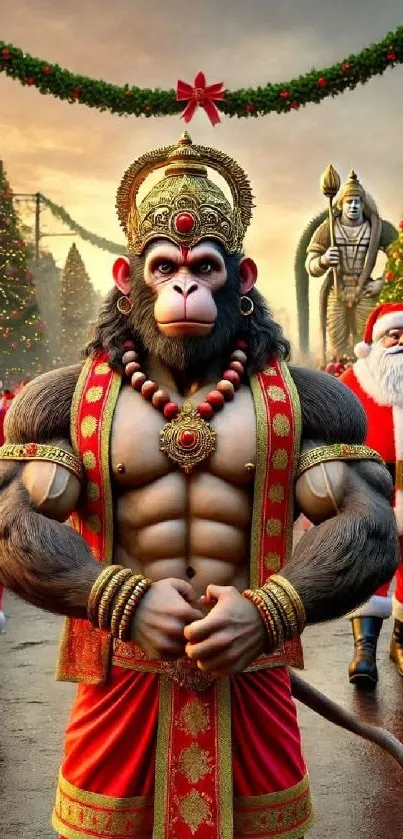 Hanuman and Santas in a festive scene with Christmas trees.