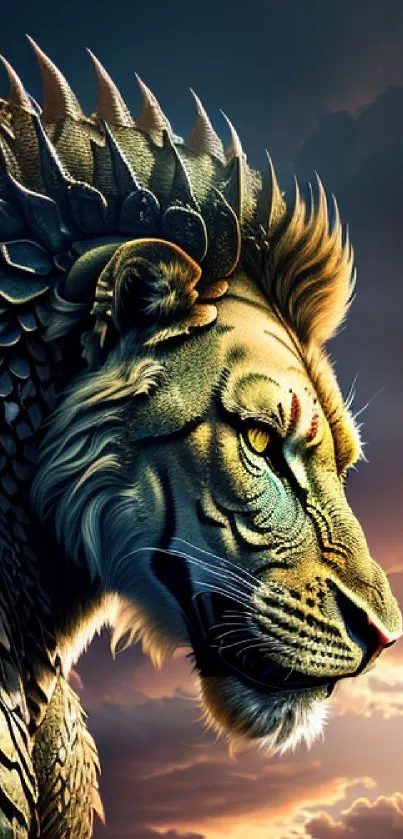 Mythical lion with scales at sunset in vibrant colors.