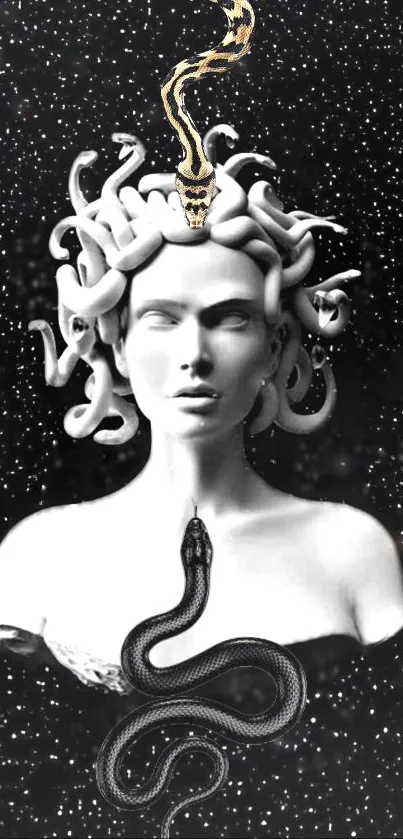 Medusa art wallpaper with snakes in monochrome design, perfect for mobile screens.