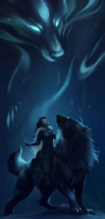 Fantasy night sky with woman and wolf, glowing blue spirit.