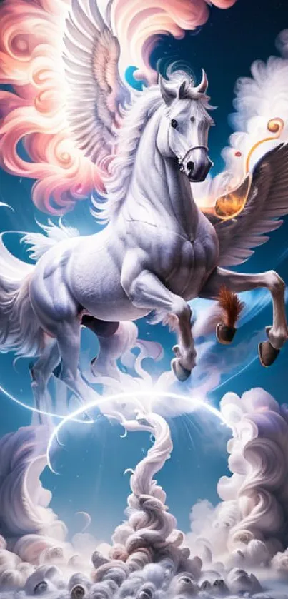 Majestic Pegasus with colorful clouds in a mystical sky.