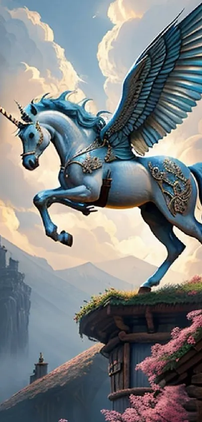 Majestic winged Pegasus in a fantasy setting with lush colors.