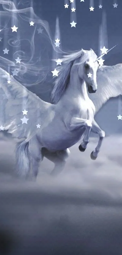 White pegasus soaring through clouds with stars in the night sky.