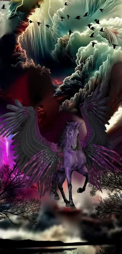 Vibrant Pegasus flying under stormy clouds in a fantasy scene.